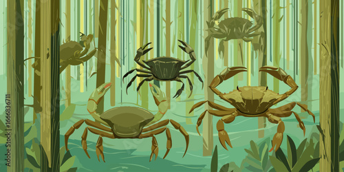 A collection of stylized green and brown crabs in various poses with raised pincers.
