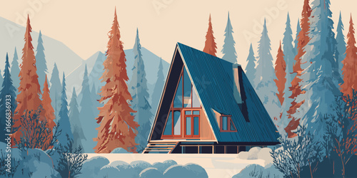 Stylized A-frame cabin with a steep blue roof and large windows in a snowy mountain forest illustration.