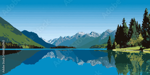 Stylized vector art of a serene mountain lake reflecting snow-capped peaks and a lush pine forest.