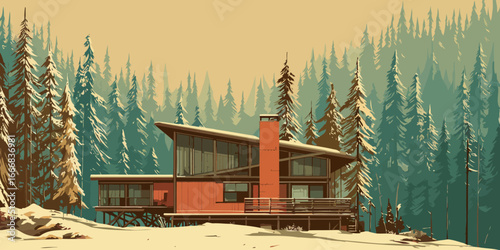 A stylized mid-century modern house with a red facade, sloped roof, and a prominent brick chimney.