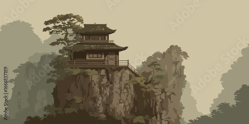 Stylized illustration of a traditional Asian pagoda on a rugged, tree-covered cliff.