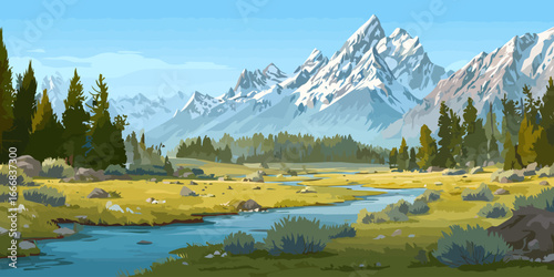 Panoramic Vector Illustration of a Mountain Valley with Snow-Capped Peaks and a Winding River