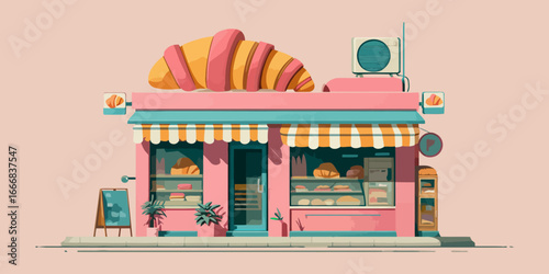 Charming pink bakery storefront illustration with a giant croissant on the roof and a striped awning.