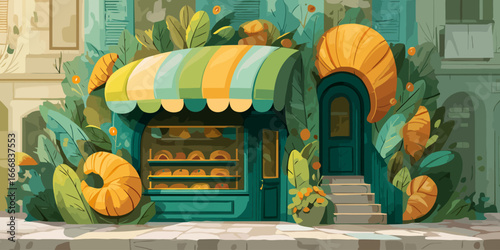 Charming illustrated bakery facade with giant croissant decorations and a striped awning.