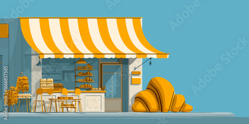 Illustrated bakery storefront with a striped yellow awning and a giant croissant.