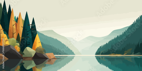 Stylized landscape of a tranquil mountain lake reflecting a colorful autumn forest. Minimalist flat design.