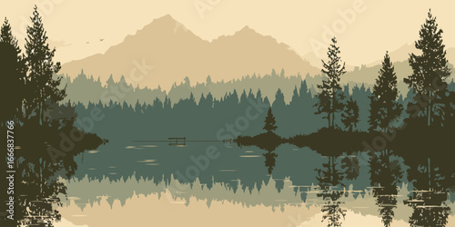 Stylized landscape of a tranquil mountain lake with pine forest silhouettes and reflections.