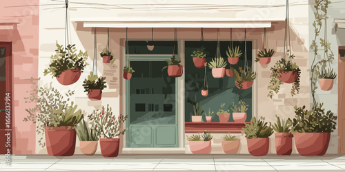Charming illustrated storefront facade with an abundance of hanging and potted green plants in terracotta pots.
