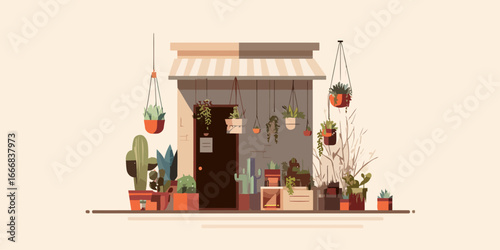 Illustrated storefront of a plant shop with a striped awning and a variety of potted plants and cacti.