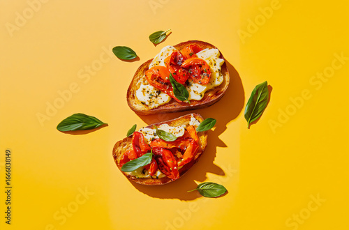 Modern flat lay of vegetarian bruschetta with roasted pepper and basil on a vibrant yellow background. Concept of healthy italian food, minimalist graphic design, and creative gourmet appetizer.
