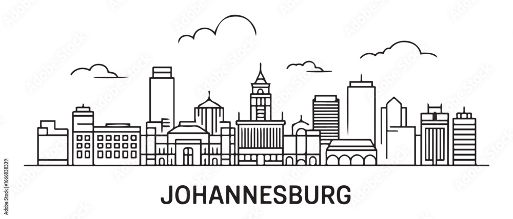 Fototapeta premium Detailed Johannesburg skyline vector illustration. Johannesburg buildings in line art style,. with white background