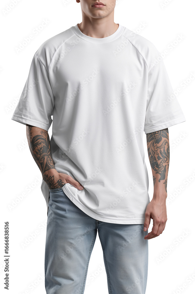 Fototapeta premium Stylish man wearing a blank white t-shirt and jeans against a black background