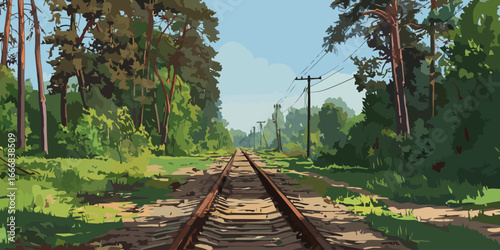 Stylized vector illustration of a rustic railway track receding through a lush green summer forest.