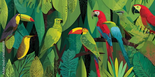 Vibrant graphic illustration of colorful tropical birds, parrots, and toucans perched among lush, dense green jungle foliage.