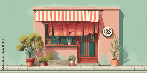 Charming Japanese storefront illustration with a pink facade, striped awning, and red noren curtain.