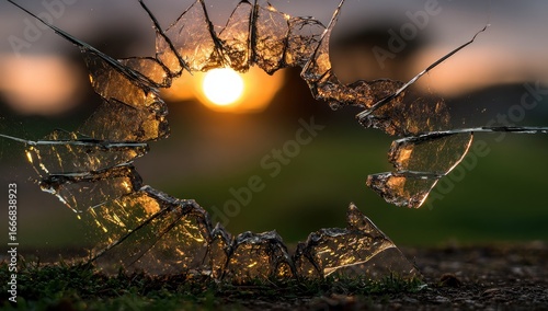 Broken glass window, sunset view
