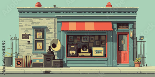 Retro Record Store Facade with Gramophone, Vinyl, and a Striped Awning