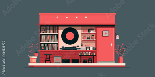 Stylized Red Record Store Illustration with Vinyl Collection and Turntable