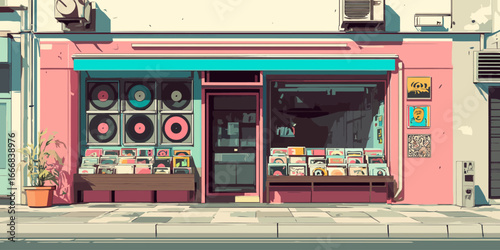 Charming illustrated facade of a pink record store with a turquoise awning and vinyl LPs displayed outside.