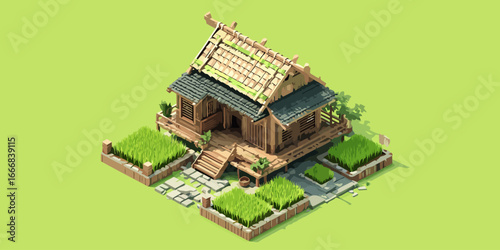 Stylized isometric wooden farmhouse with a tiered roof, porch, and small garden plots.