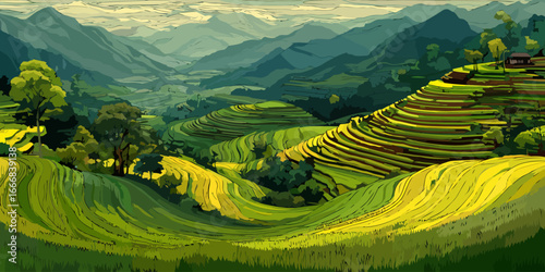 Stylized digital illustration of vibrant green and yellow rice terraces cascading down rolling hills under distant mountains.