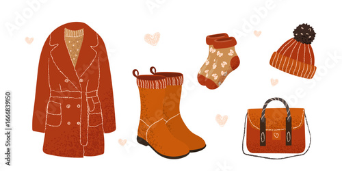Autumn clothes. Texture style. Women's fashionable outfits for autumn and spring, fashion store. Vector flat illustration. Coat, boots, sweaters and pants, bag, socks.