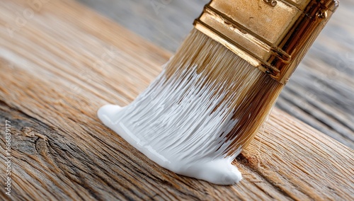 Close-up of a paintbrush applying white paint to weathered wood