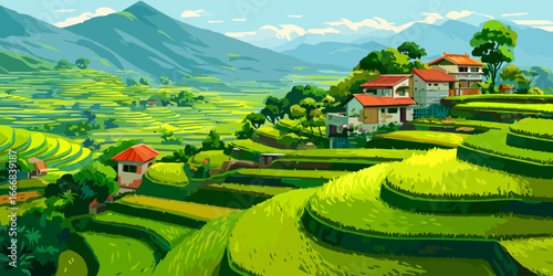 Vibrant illustration of cascading green rice terraces and a village in a mountain valley.