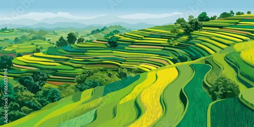 Vibrant illustration of cascading rice terraces in shades of green and yellow.