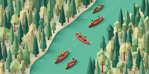 Stylized isometric illustration of people canoeing on a turquoise river winding through a dense, green forest.