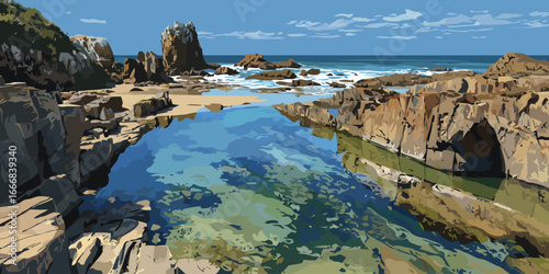 Stylized vector illustration of a sunlit rocky coastline with a clear turquoise tidal pool and calm ocean waters.