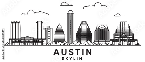 Detailed Austin skyline vector illustration. Austin buildings in line art style, perfect for modern designs. with white background