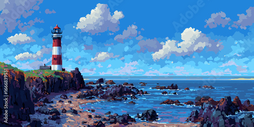 A red and white striped lighthouse on a rocky cliff in a vibrant, detailed pixel art style.