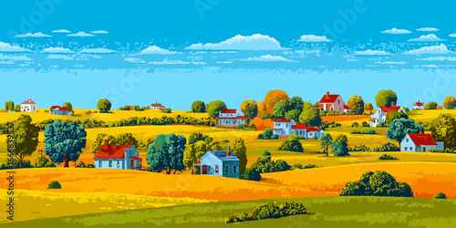 Stylized rural landscape illustration with colorful houses, golden fields, and green trees under a bright blue sky.