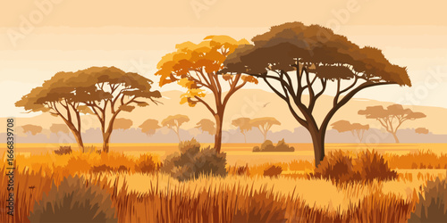 Stylized African savanna landscape with flat-topped acacia trees and golden grass during a warm, hazy sunset.