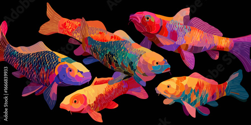 A vibrant school of five stylized koi carp with colorful, mosaic-patterned scales.