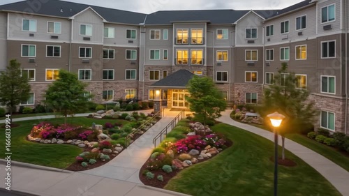 Inviting senior living community entrance in tranquil setting with vibrant gardens and warm lighting