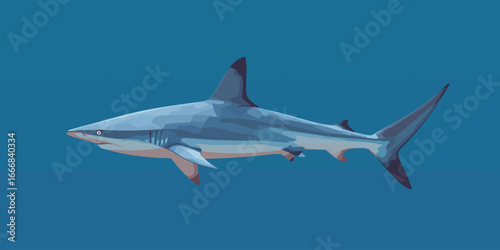 Sleek blue-grey shark in a modern, flat vector illustration style, swimming in profile view.