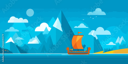 A stylized Viking longship with a vibrant orange sail and a carved dragon head prow, illustrated in a flat, minimalist graphic style.
