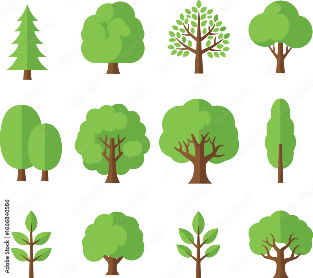 Fototapeta premium Flat tree icon set, cartoon green forest illustration, minimal nature vector design, isolated foliage and trunk shapes for eco concepts.