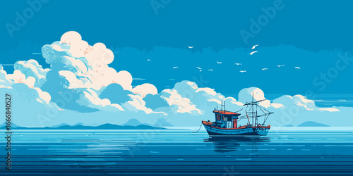 A stylized blue fishing boat with a red cabin and intricate rigging, illustrated in a graphic art style.