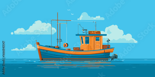 Colorful blue and orange fishing trawler with a cabin, illustrated in a flat vector style.