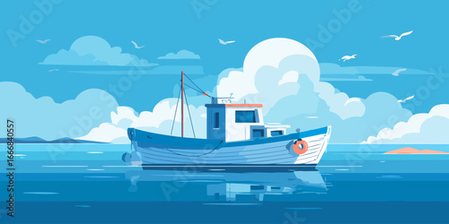 Blue and white fishing boat with an orange lifebuoy, illustrated in a simple, flat style.