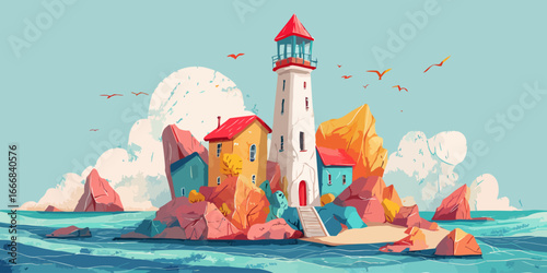 A picturesque white lighthouse with a red roof and colorful houses on a rocky coastal island.