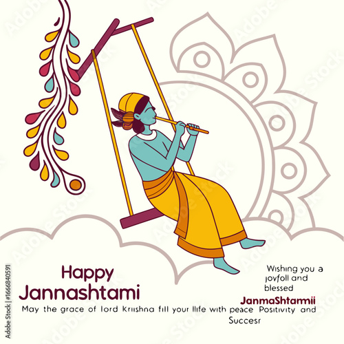 Blue skinned Krishna playing flute on a swing with floral decorations Janmashtami Indian festival