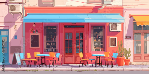 Vibrant pink cafe facade with a blue awning and colorful outdoor seating, in a stylized, flat illustration style.