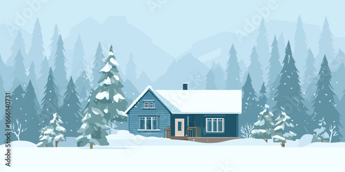Serene winter landscape illustration of a blue cabin nestled in a snowy pine forest with distant mountains.