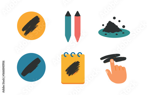 vector colorful flat filled icons draw (charcoal): smudged tones blending stumps black dust heavy strokes paper pad fingers.