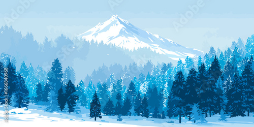 Majestic snow-capped mountain peak towering over a serene, blue-toned winter pine forest.