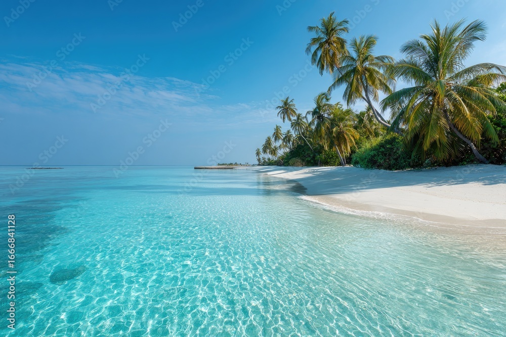 Fototapeta premium Tranquil tropical beach scene. Crystal-clear turquoise water laps a pristine white sand beach fringed by lush palm trees. Vast azure sky above